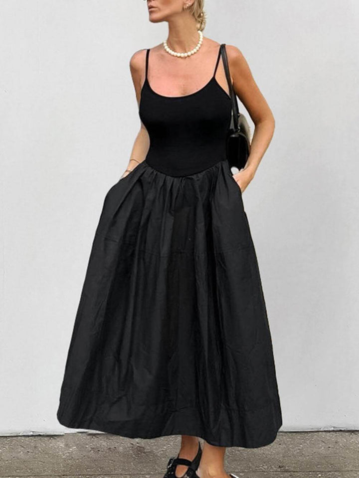 Temperamental And Light Luxury Suspender Pleated Patchwork Maxi Dress