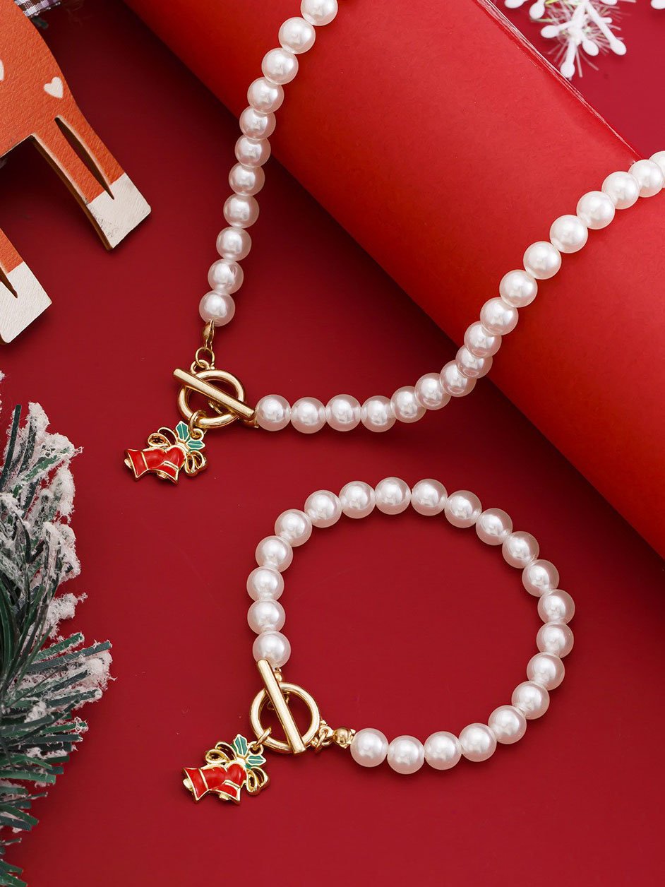 Juego de collar de regalo navideño con perlas y campanas navideñas