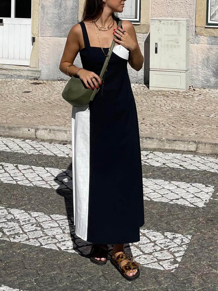 Simple Contrast Color Sling Back Smocked Maxi Dress