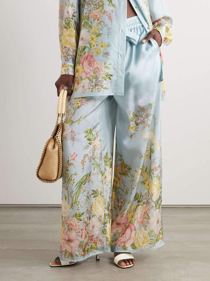 Fine Satin Positioned Floral Print Wide Leg Pants