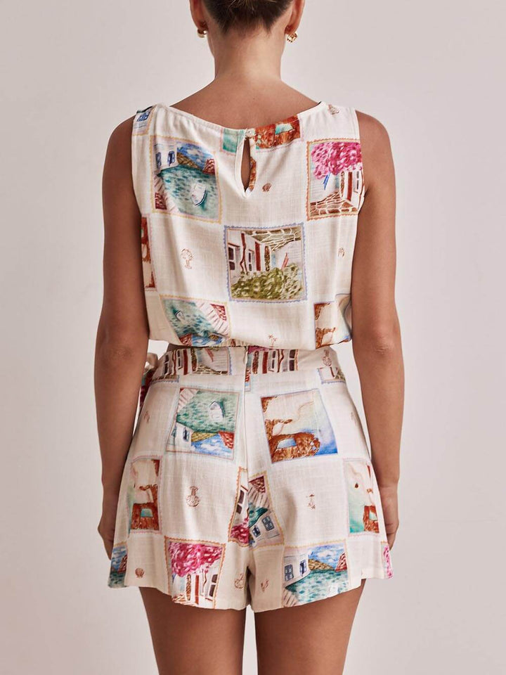 Unique Printed Tank Top And Tie Skirt Set