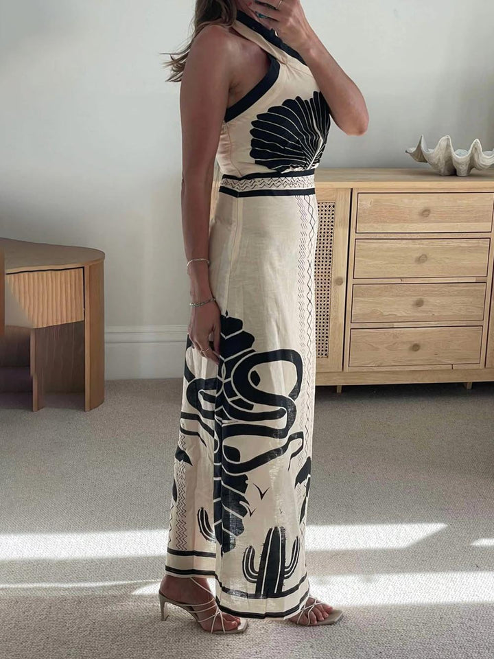 Elegant And Sexy Ethnic Print Slim-Fit Halter Neck Maxi Dress