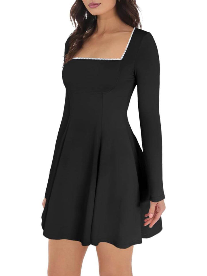 Classic And Elegant Square Neck Trimmed A-Line Ruffled Mini Dress