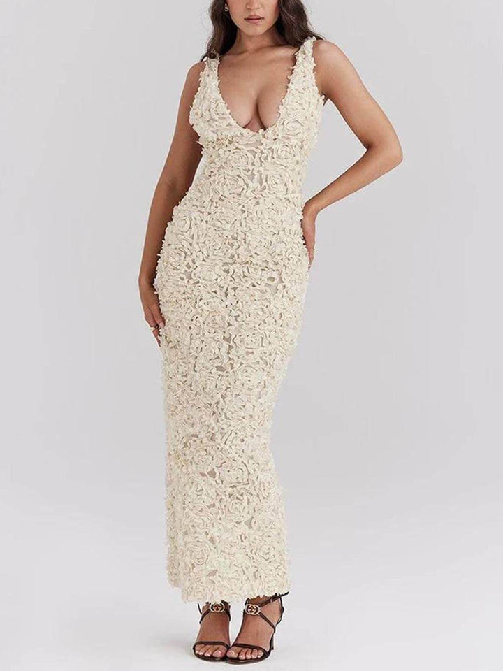 Elegant Floral Applique Deep V Neck Gown Dress