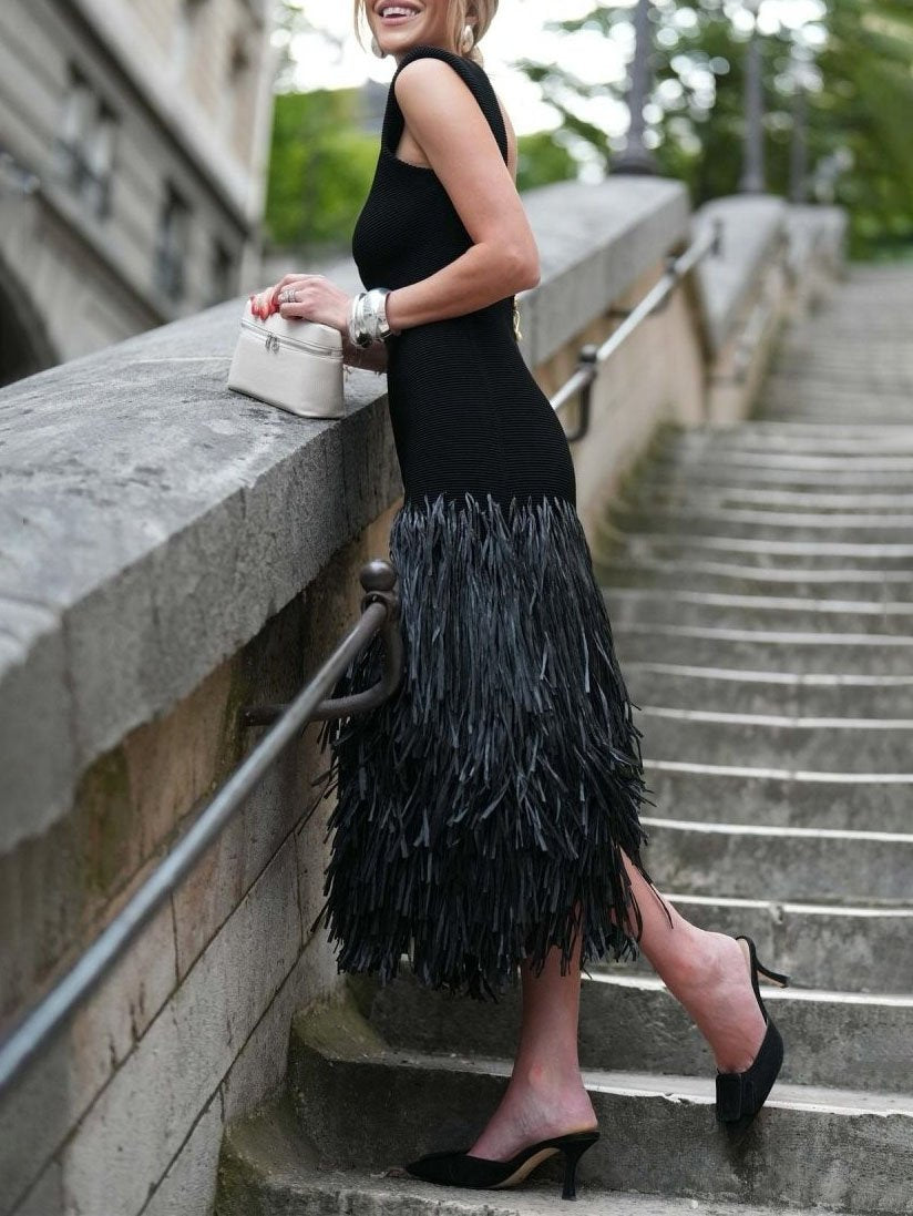 Elegant Raffia Fringed Midi-kjole