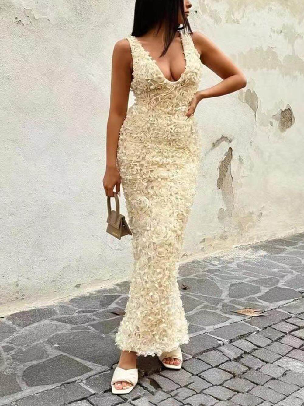 Elegant Floral Applique Deep V Neck Gown Dress