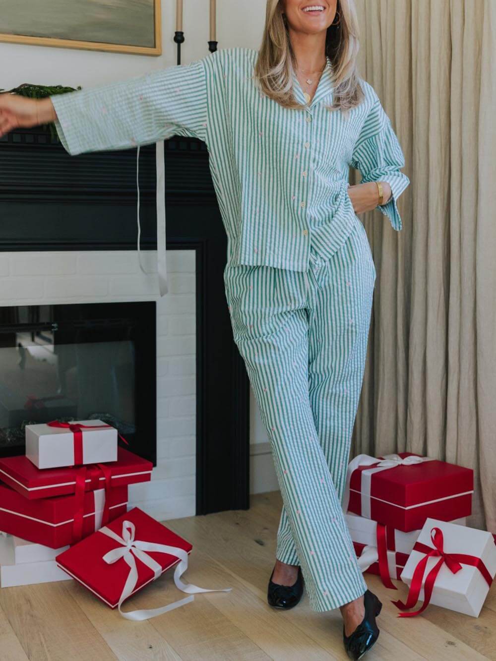 Blue Loose Fit Heart Stripe Print Pajama Set