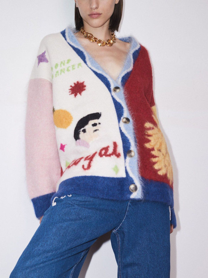 Exquisite Contrast Color Cartoon Pattern Cardigan Jacket