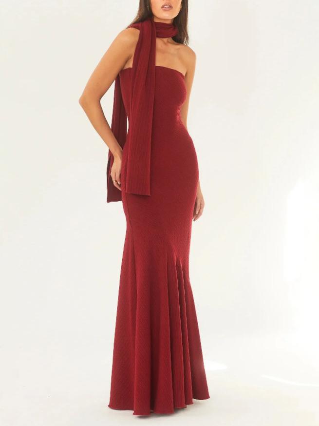 Fashion Strapless One Shoulder Fishtail Maxi Dress