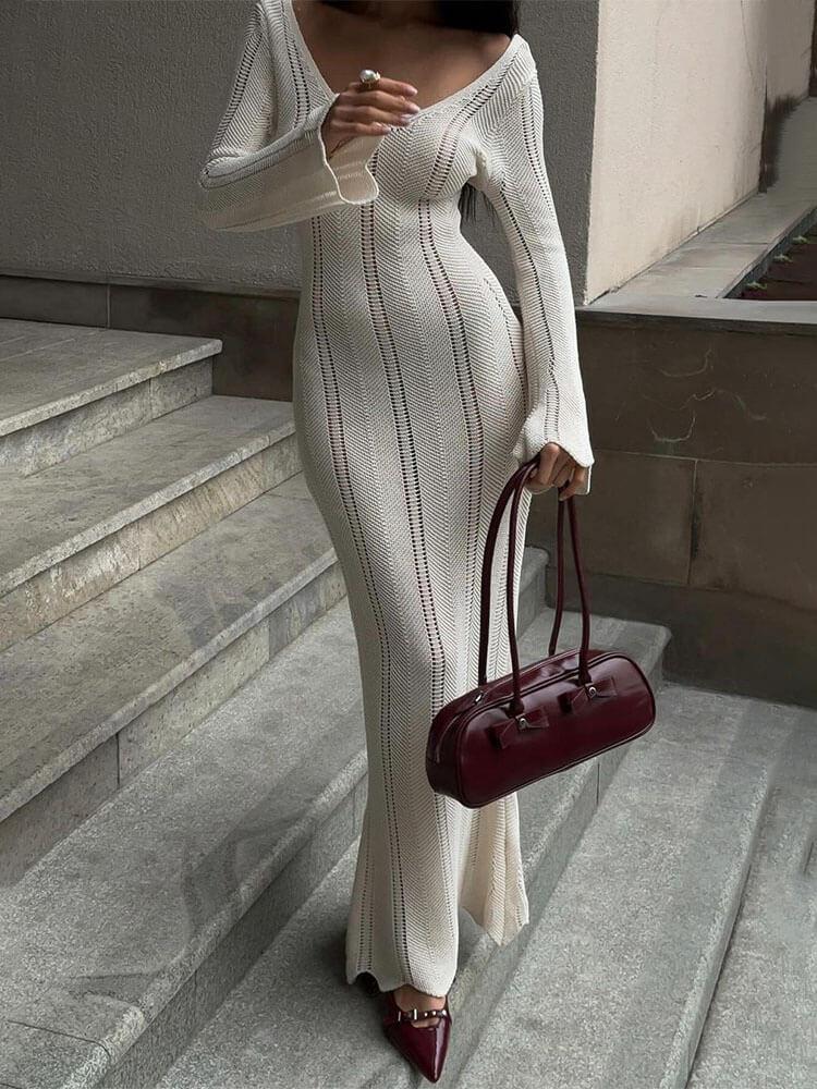 Hollow Solid Color Knitted Holiday Long Dress