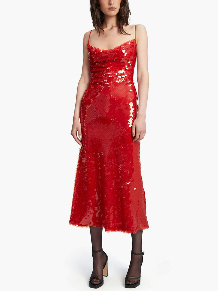 Elegant Sequined Fiery Red Midi Dress