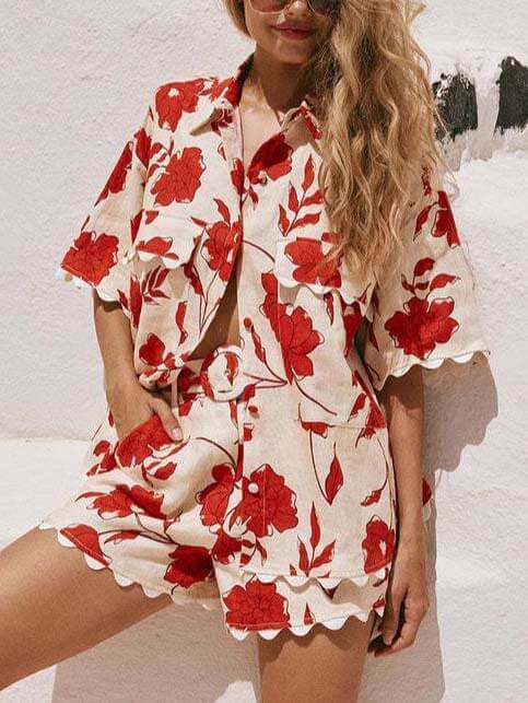 Casual Exquisite Versatile Lace Print Shorts Two-piece Suit