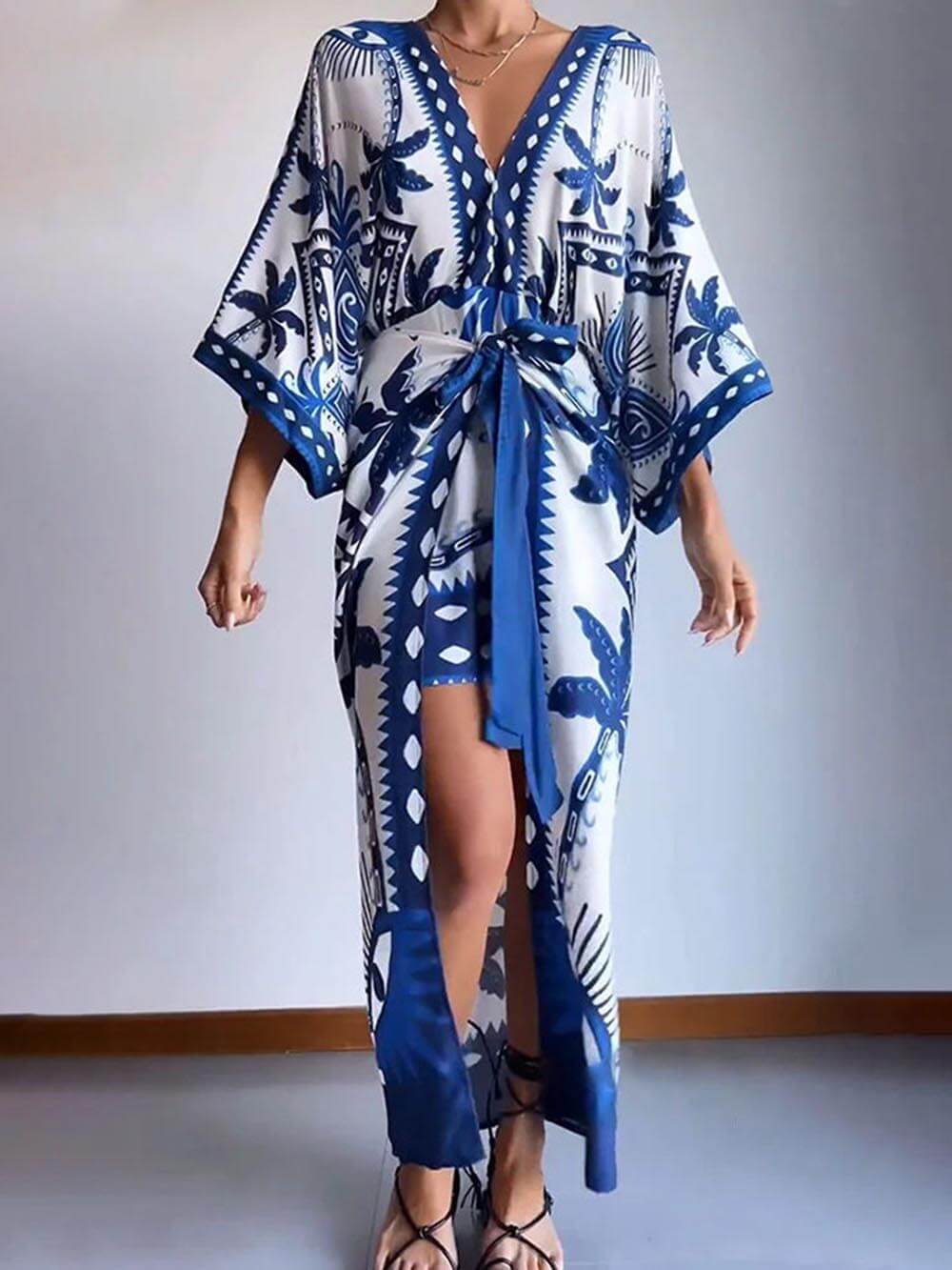 Unique Chic Palm Tree Ethnic Print Fake Two Piece Lace Up Maxi Dress