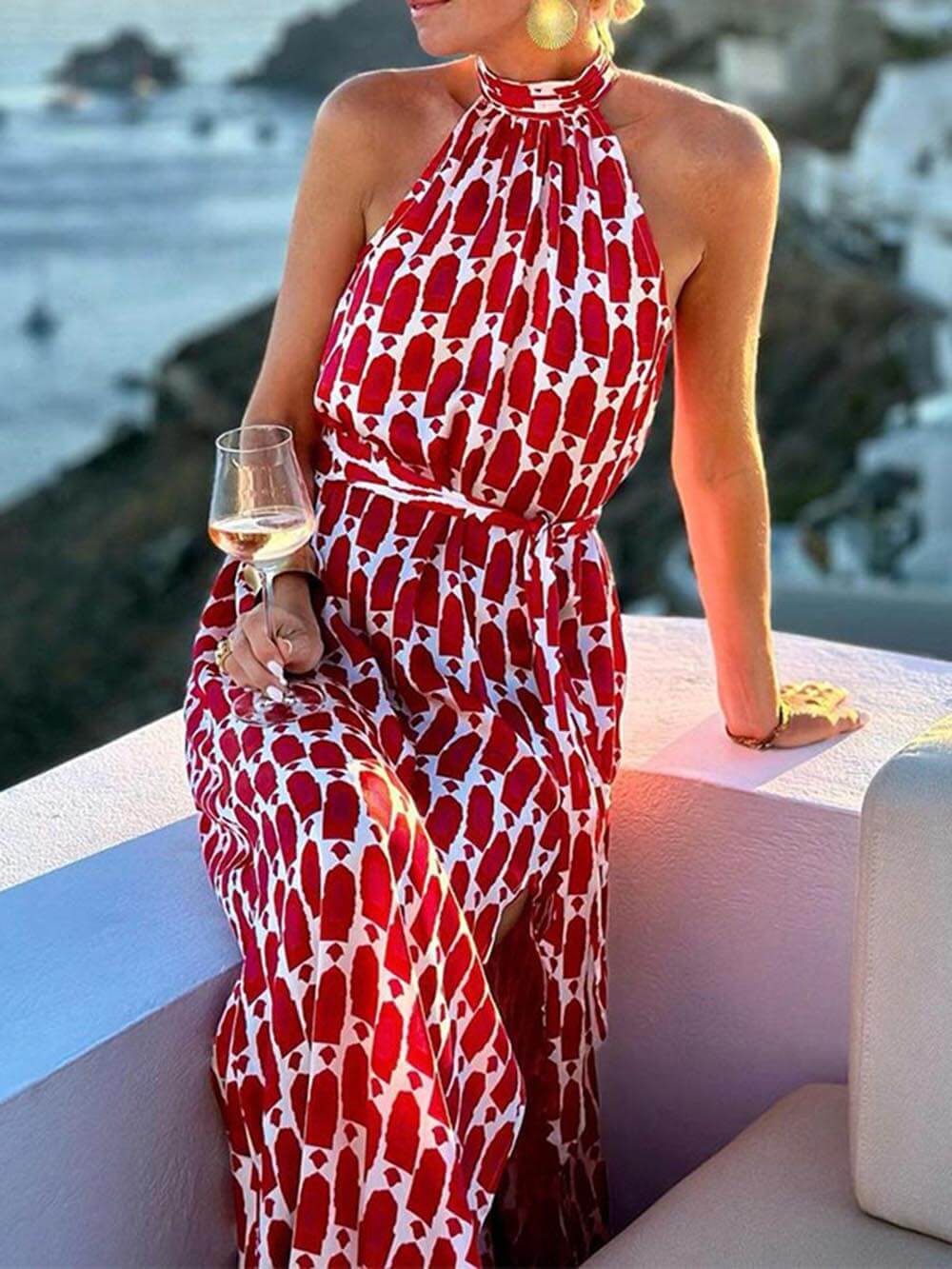 Robe midi fendue de plage à col licou imprimé sexy et à la mode