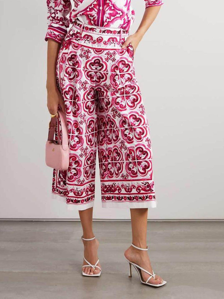 Unique Retro Pattern Print High Waist Loose Pocket Mid-Length Wide-Leg Pants