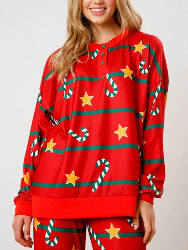 Christmas Cane Snefnug Print knap Langærmet Home Wear Set