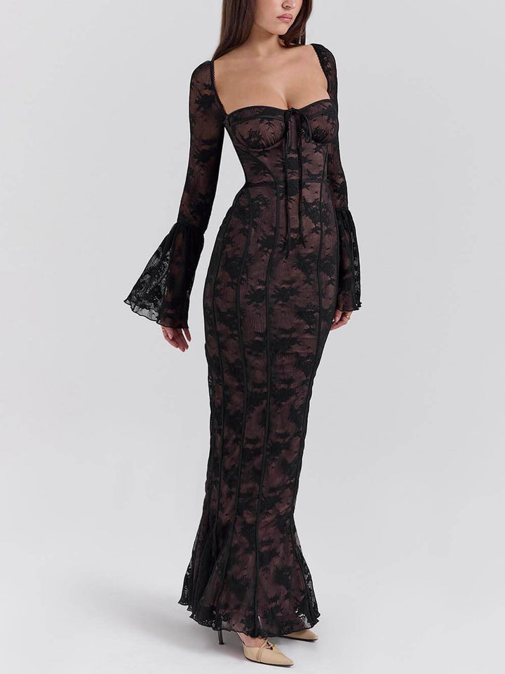 Robe longue en dentelle noire à manches longues, délicate et élégante