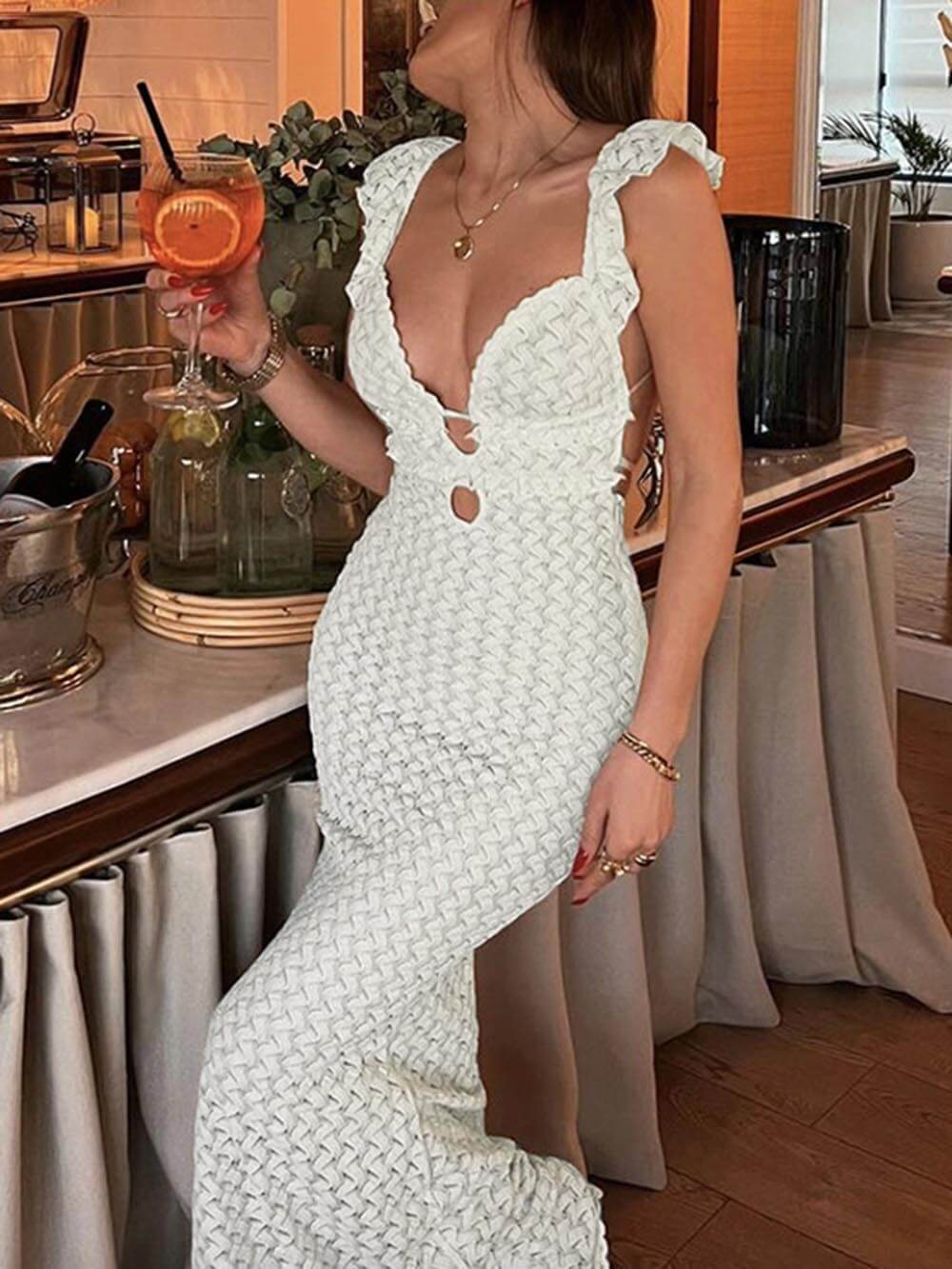 Elegant V-Neck Backless Lace-Up Hollowed-Out Slim Maxi Dress