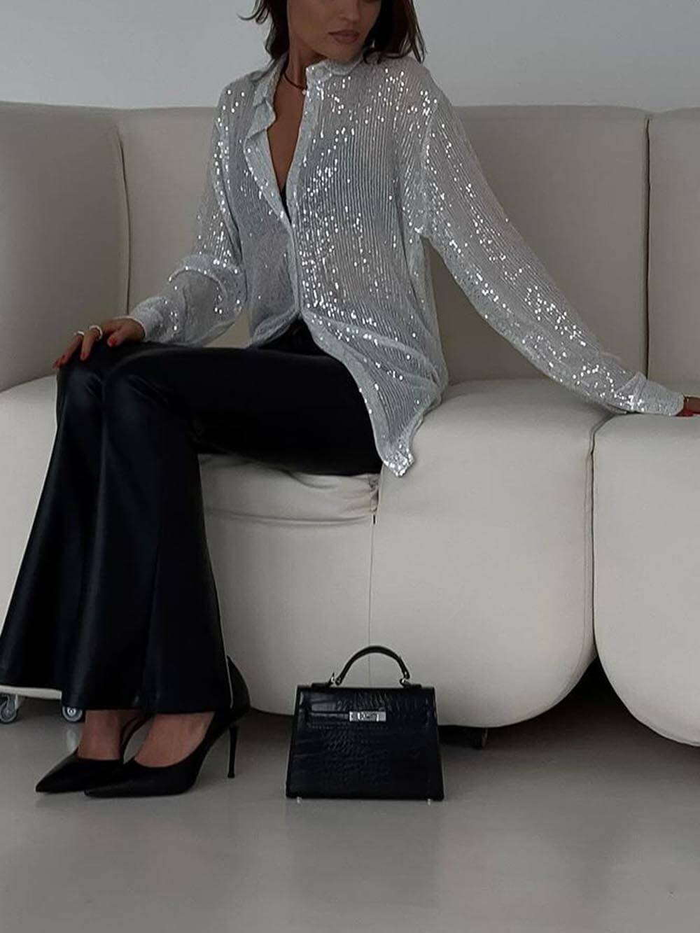 Fashion Beaded Top Lapel Long Sleeve Shirt