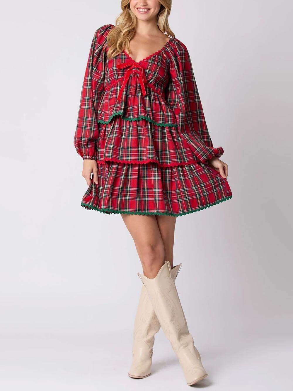 Christmas Plaid Long Sleeve Layered Dress