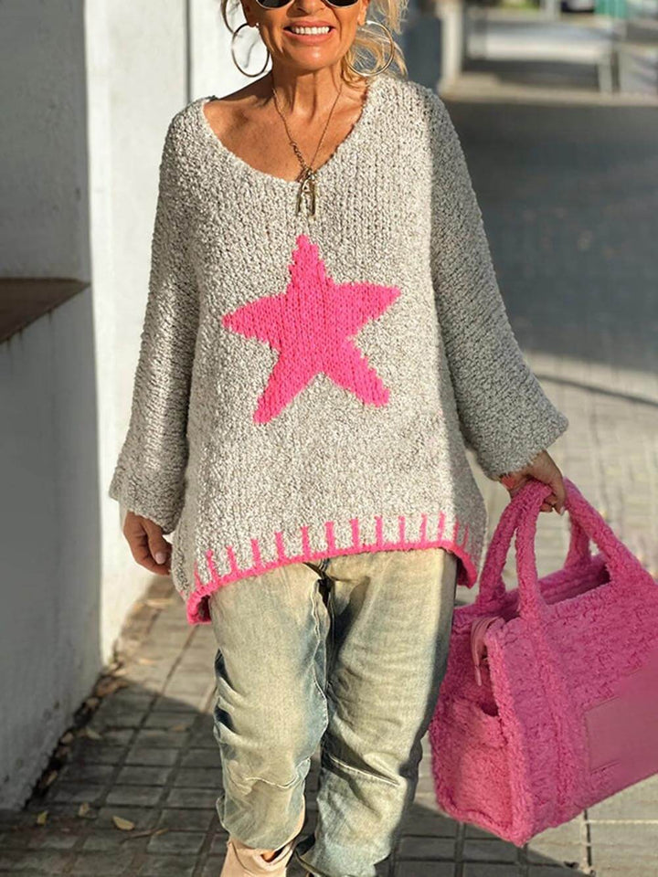 Winter Day Warm Texture Star Pattern Contrast Color Loose Sweater