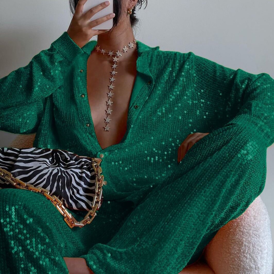 Sequined Long-sleeved Ultra-loose Shirt