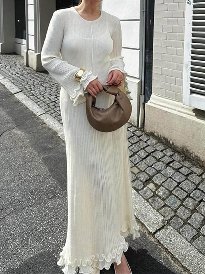 Elegant Trumpet Sleeves Rolled Hem Knitted Round Neck Maxi Dress