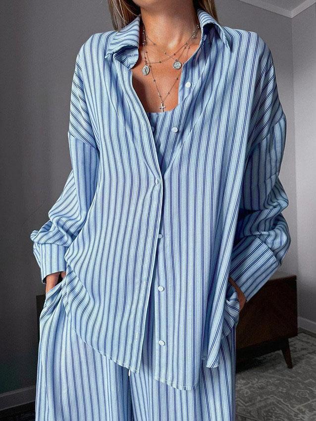 Colete estampado listrado Cardigan Calças Pijama Conjunto de três peças