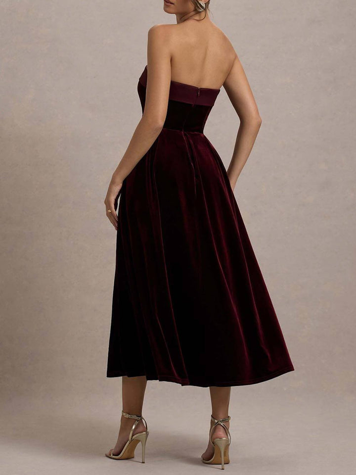 Elegant Center of Attention Velvet Satin Neck Bandeau Pleated Midi Dress