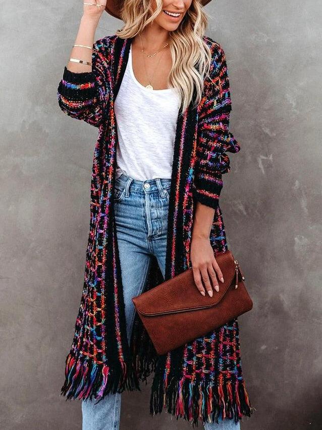 Vintage Painted Plaid Fringe Cardigan Sweater