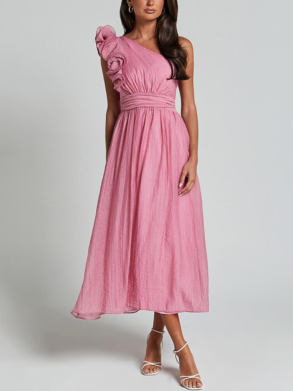 Unique Romantic Seaside One Shoulder Frill Detail Sleeve Layered Midi Dress