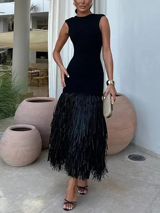 Elegant Raffia Fringed Midi Dress