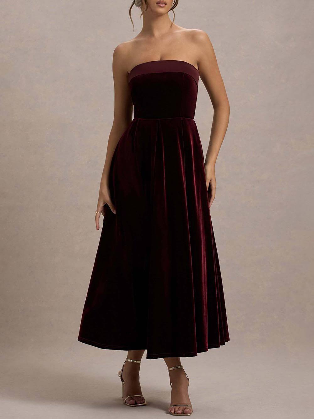 Elegant Center of Attention Velvet Satin Neck Bandeau Pleated Midi Dress