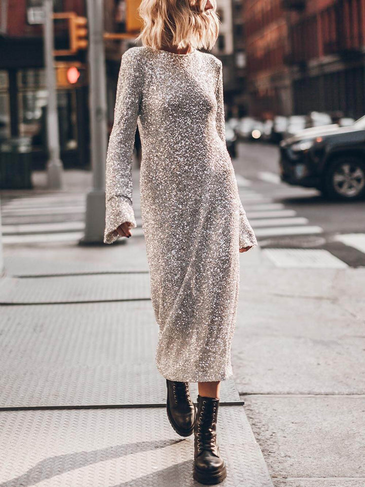 Sequin Sparkly Nights Long Sleeve Open Back Loose Midi Dress