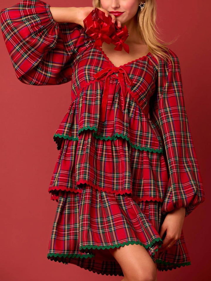 Christmas Plaid Long Sleeve Layered Dress