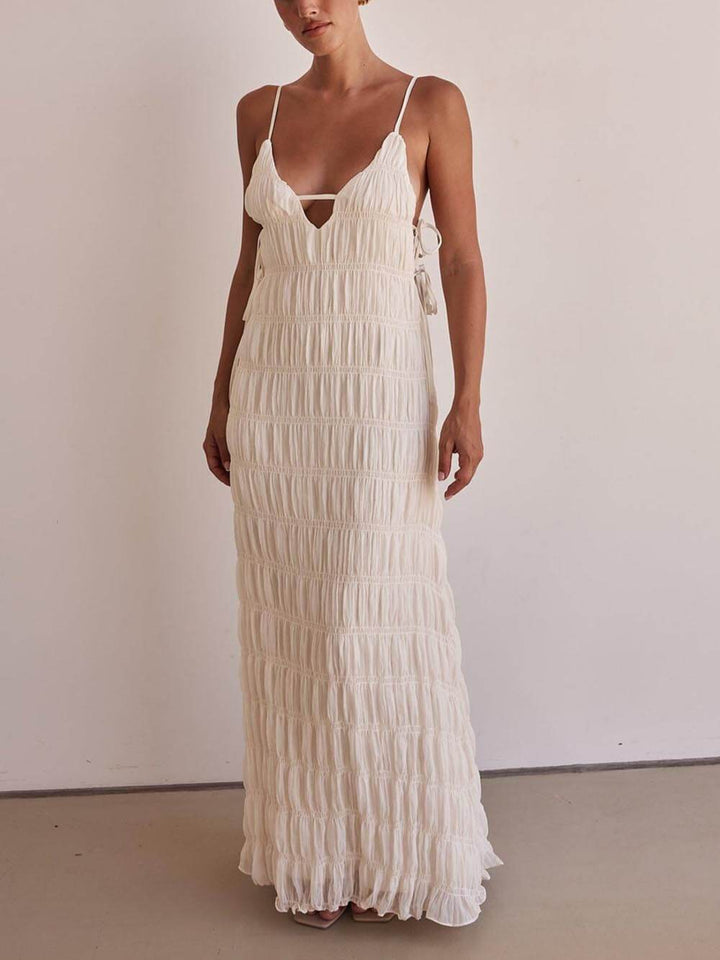 Elegant Pleated Lace-Up Adjustable Straps Loose Maxi Dress