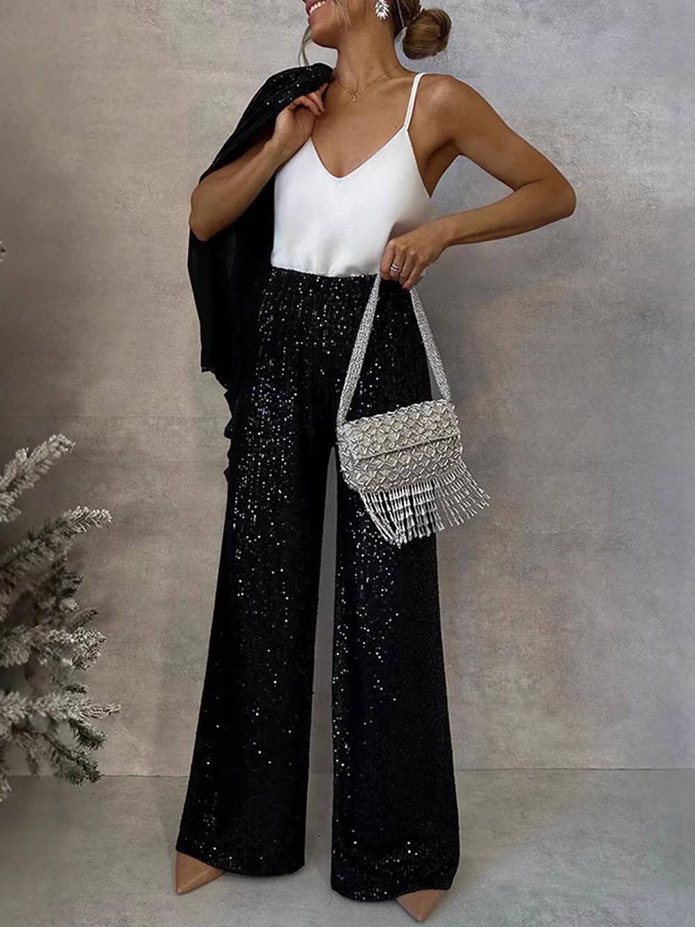 Unique Sequin Party Scene High Rise Elastic Waist Wide Leg Pants