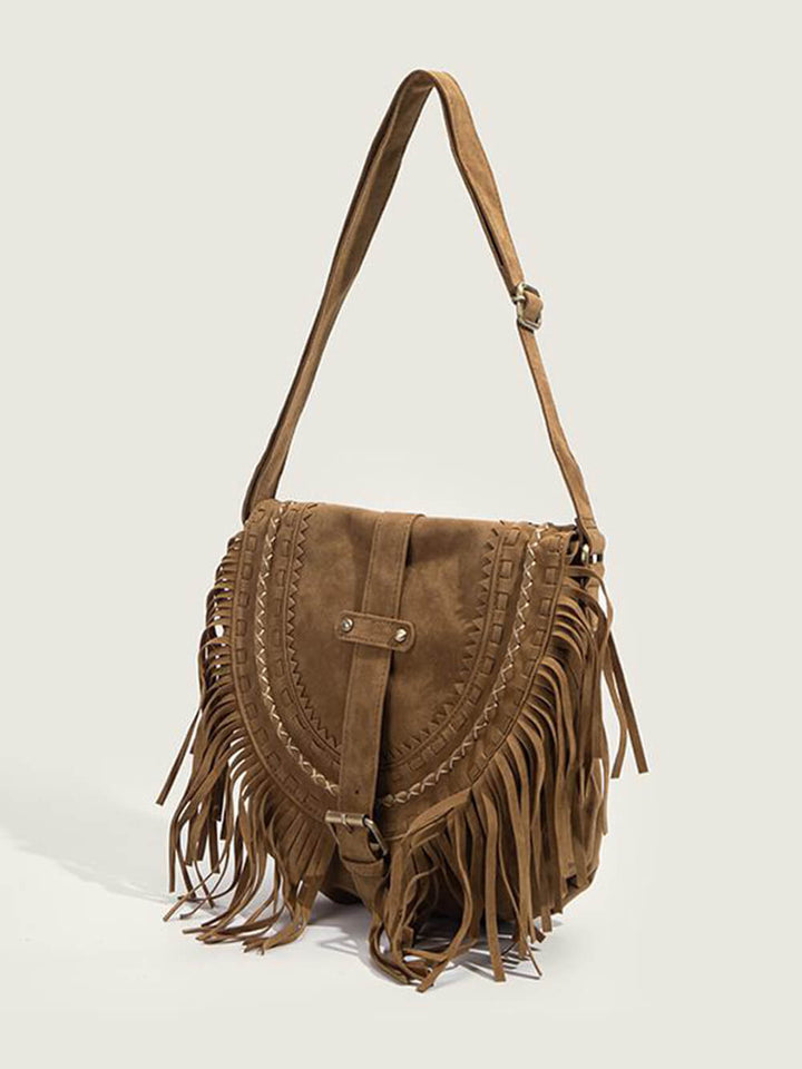 Faux Suede Fringed Buckle Decorated Bag