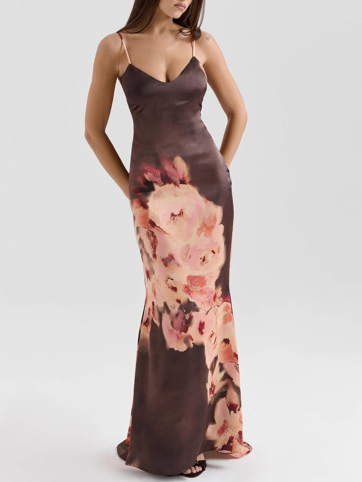 Sexy Dark Brown Rose Floral Print Maxi Dress