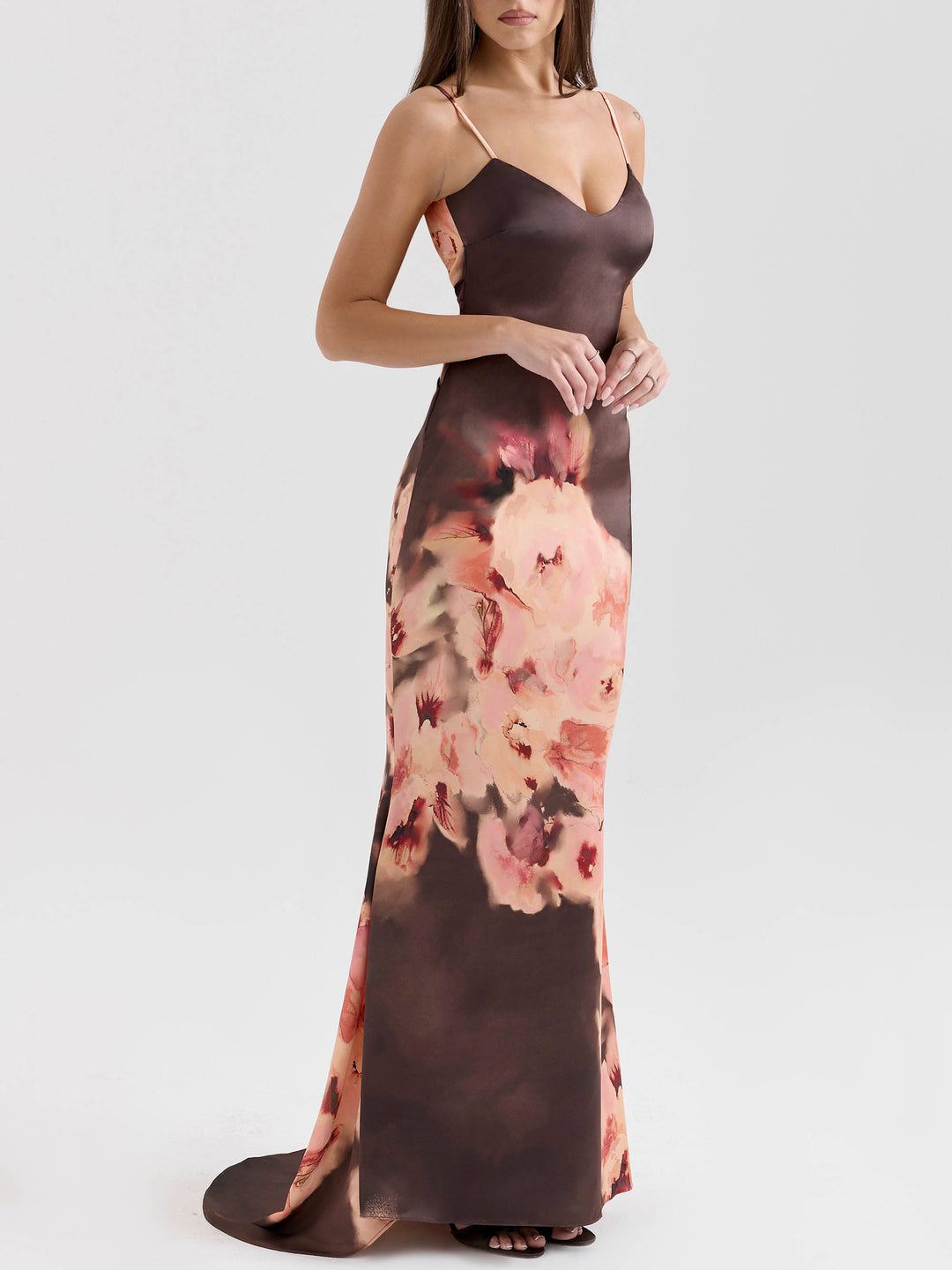 Sexy Dark Brown Rose Floral Print Maxi Dress