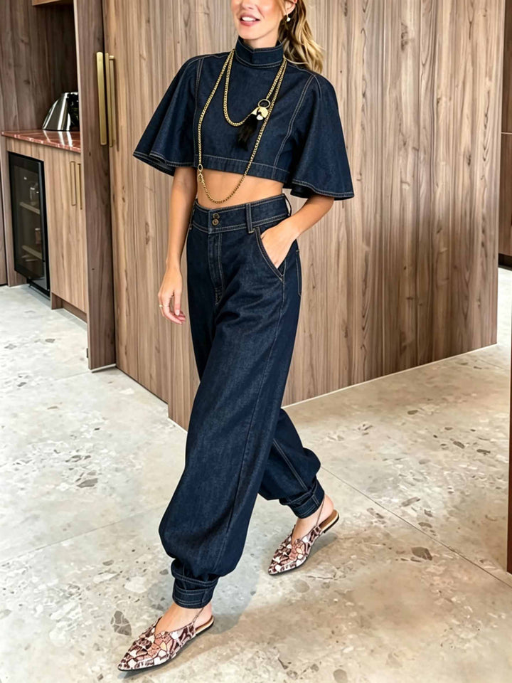 Denim High-Neck Cape Sleeve Crop Top