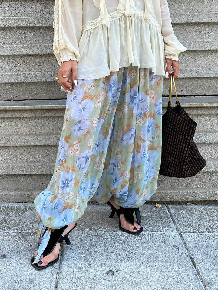 Boho Chiffon Floral Print Elastic Waist Tie-up Hem Balloon Pants