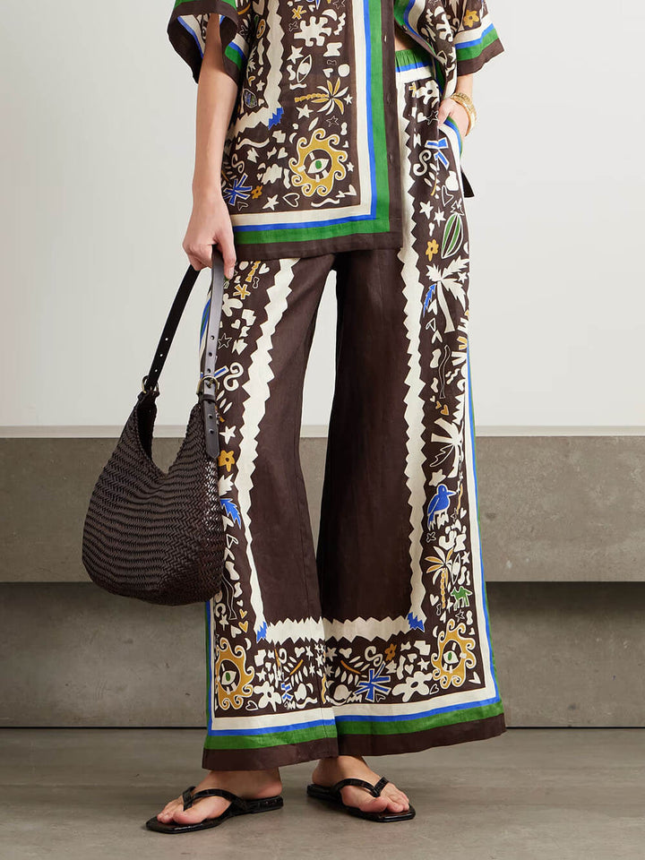 Unique Vintage Moroccan Print Linen Elastic Waist Pocket Wide-Leg Pants