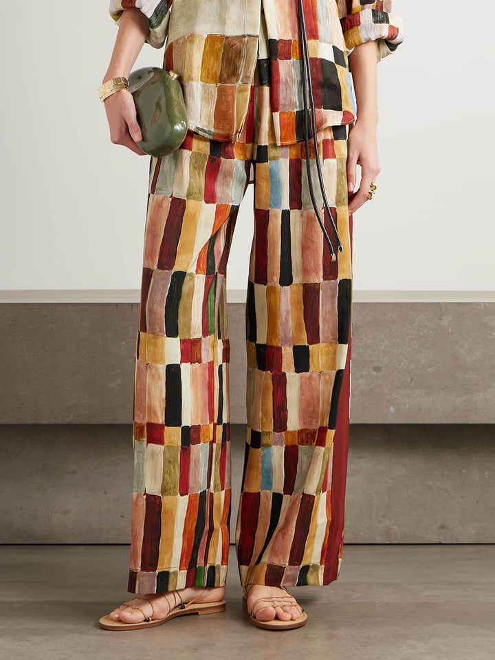 Retro Floral Print Loose Linen Elastic Waist Wide-Leg Pants