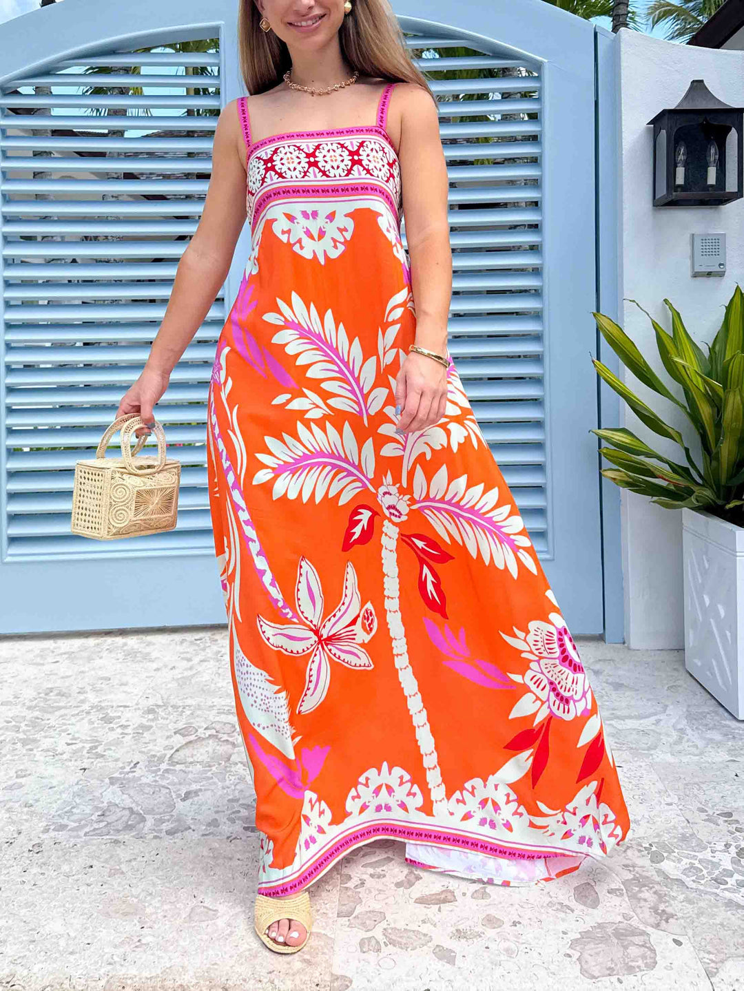 Palm Tree Print Suspender Maxi Dress