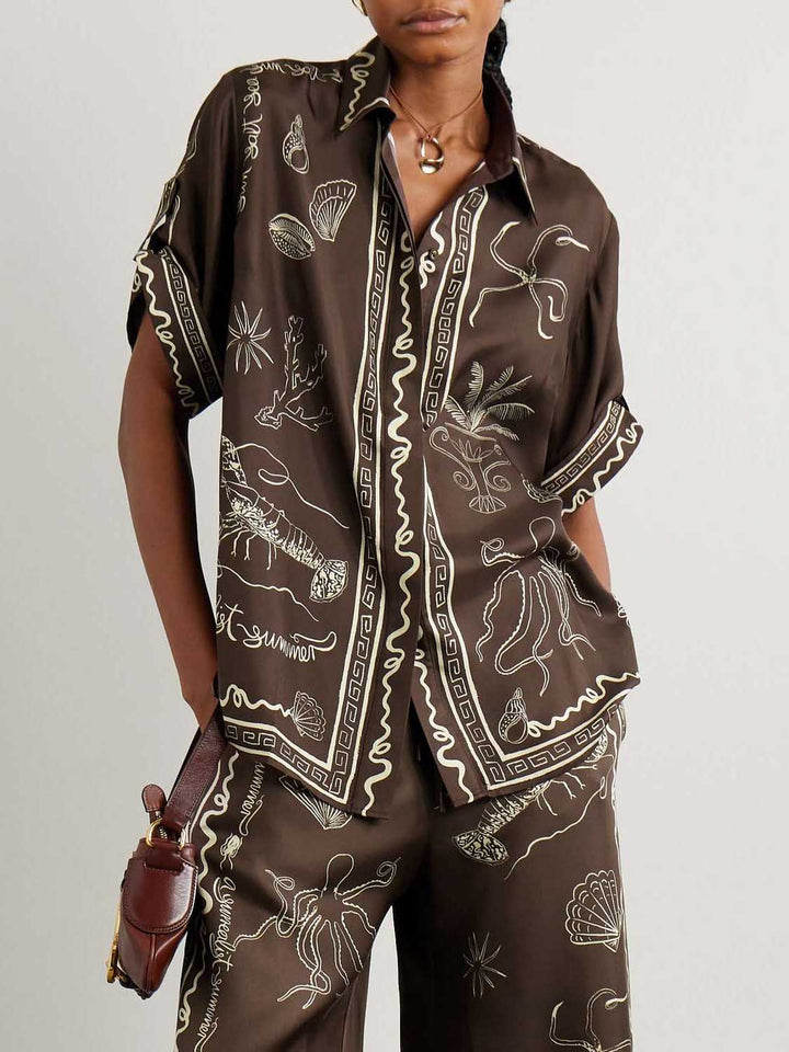 Exquisite Satin Marine Life Print Loose Short-sleeved Shirt