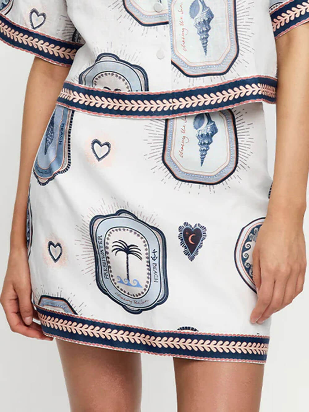 Retro Seashell Print Loose Top And A-Line Mini Skirt Set
