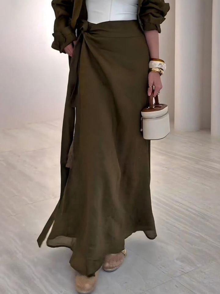 Casual Retro-Tone Tie-Waist High-Slit Maxi Skirt