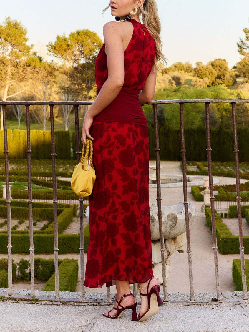 Elegant Retro Floral Print Chiffon Maxi Dress