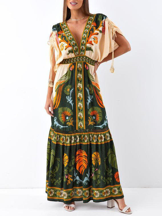 Unique Floral Print Drop Shoulder Sleeves Drawstring Maxi Dress